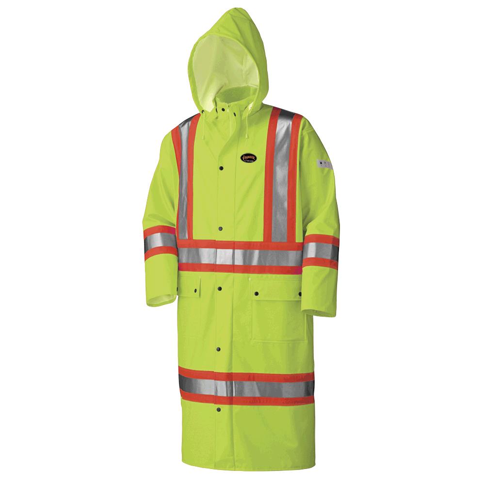 FR Waterproof Hi-Viz Safety Long Coats - PU Stretch - Det. Hood - HV Ylw/Grn