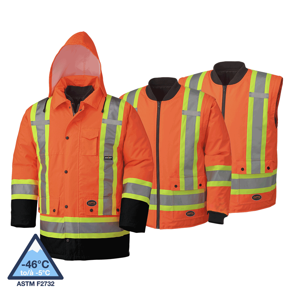 Hi-Viz Wtpf 7-in-1 Sfty Parkas - 300D PU Coated Ox. Poly - Det. Hood - HV Orange