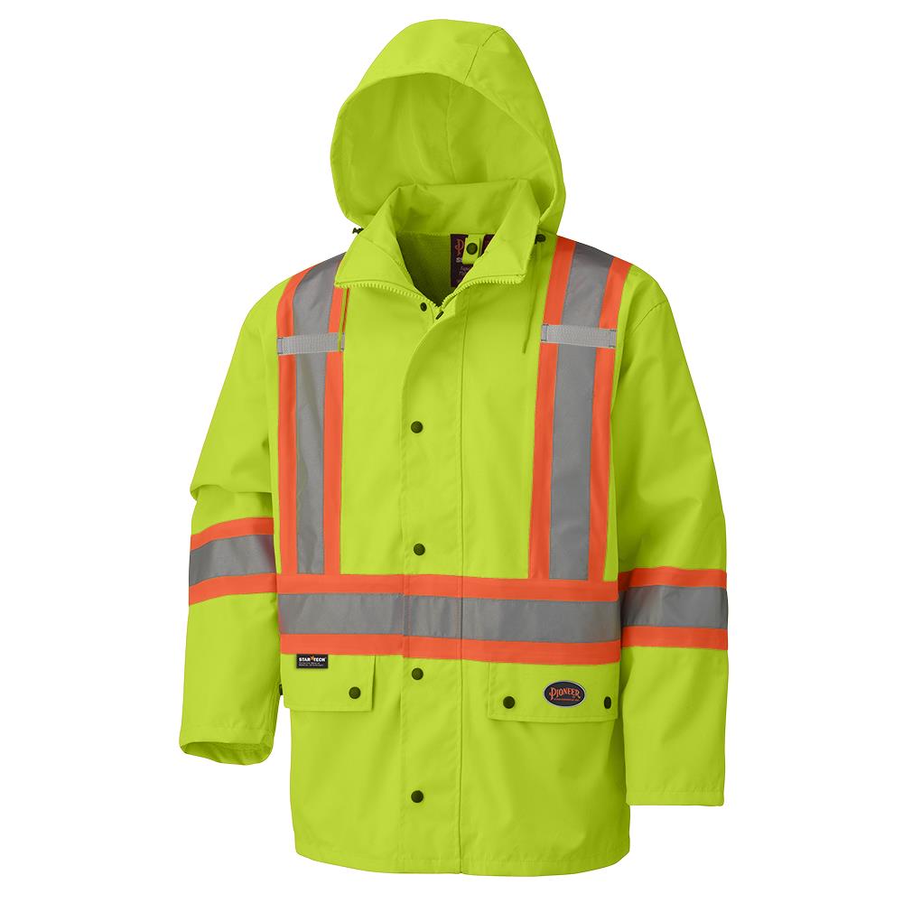 Hi-Viz Wtprf Sfty Jackets - 450D Ox. Poly with PU Backing - Det. Hood - HV Yw/Gn