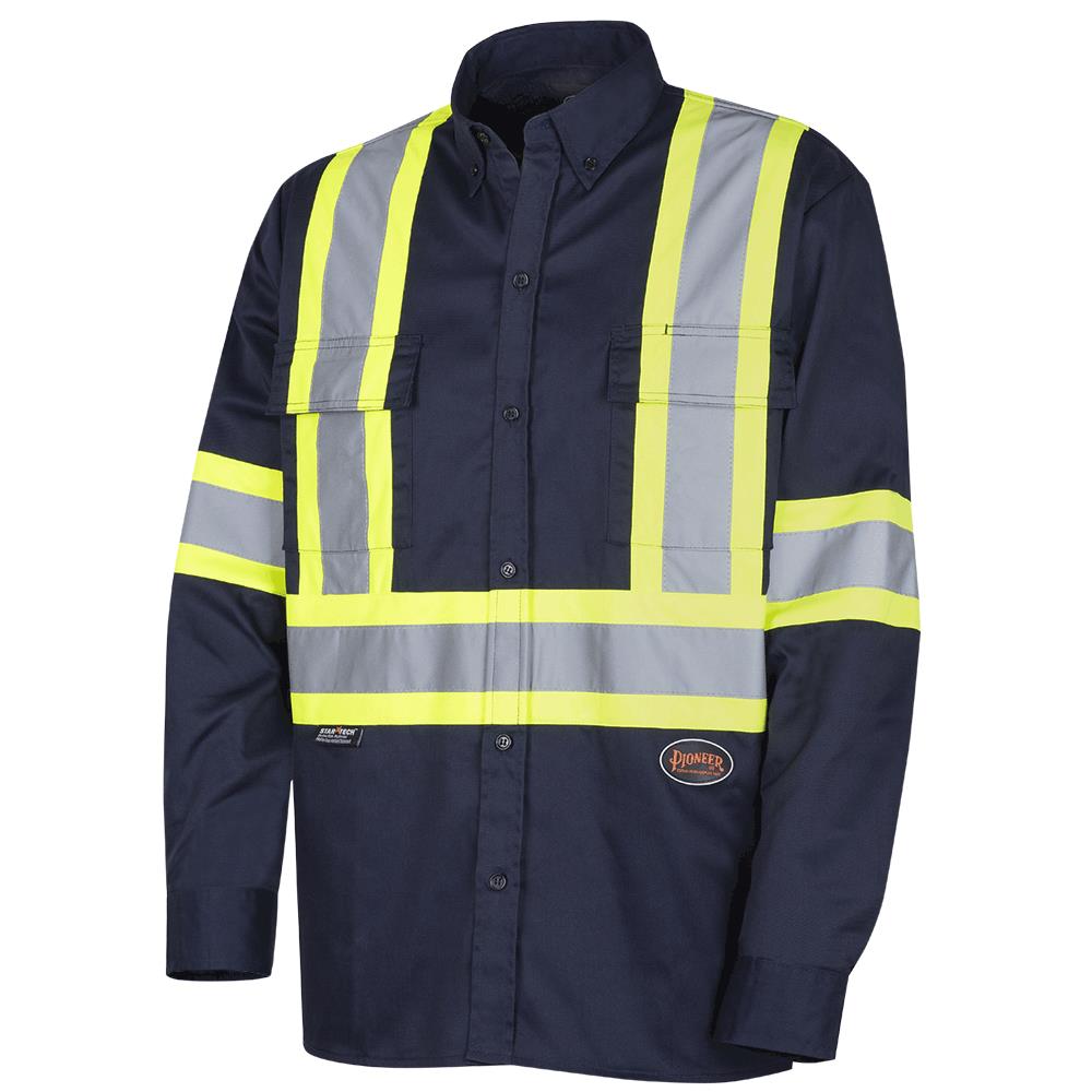 Polyester/Cotton Button Work Shirts with reflective tape - Navy