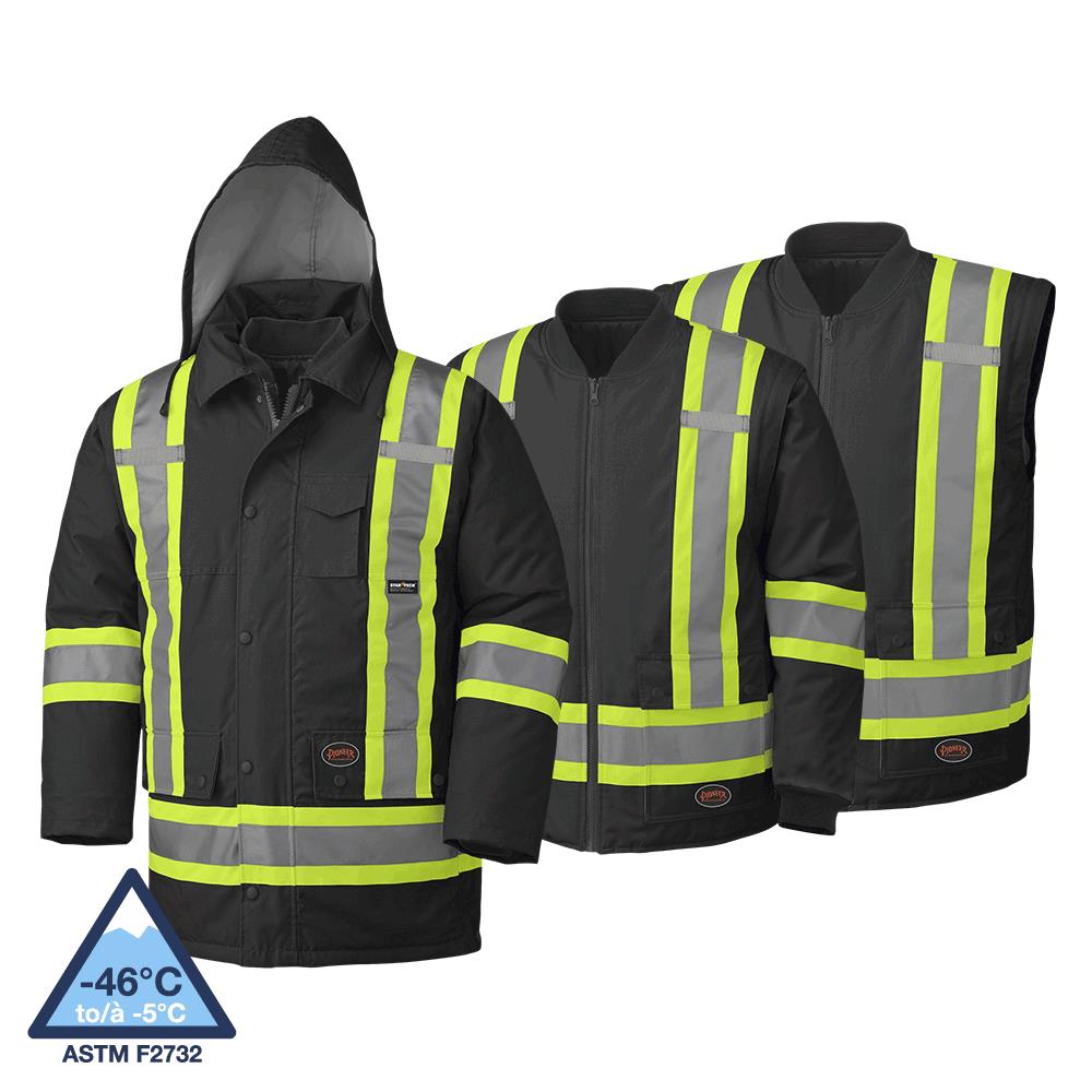 Wtprf 7-in-1 Safety Parkas - 300D PU Coated Oxford Poly - Det. Hood - Black